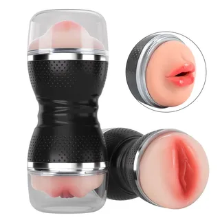 Black Dual-End Male Masturbator with clear end caps and two views of its moulded openings