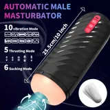 Black Automatic Male Masturbator with red controls and supplier labels for body length and three function counts