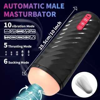 Black Automatic Male Masturbator with red controls and supplier labels for body length and three function counts