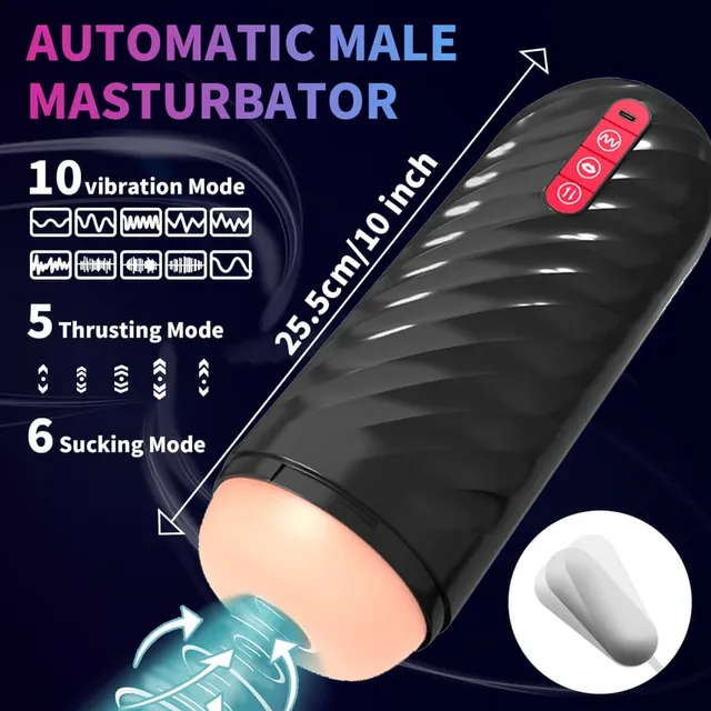 Black Automatic Male Masturbator with red controls and supplier labels for body length and three function counts