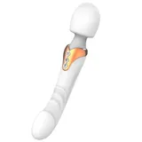 White Dual Head Vibrator on a white background, showing the gold-tone panel and three control buttons