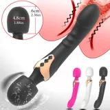 Dual Head Vibrator supplier collage with pink, white and black examples, a head-size inset and water-splash graphics