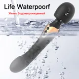 Supplier water-exposure illustration of the black Dual Head Vibrator in water; no immersion rating is shown