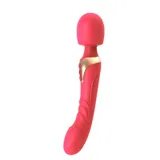 Pink Dual Head Vibrator side view on white, showing the rounded head, curved lower end and gold-tone trim