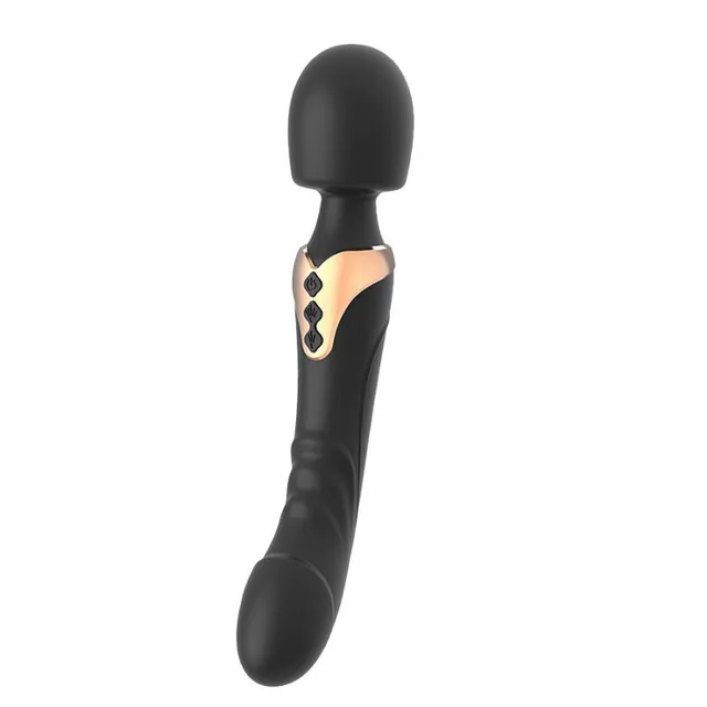 Black Dual Head Vibrator front view on white, showing both ends and the gold-tone three-button panel