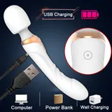 White Dual Head Vibrator USB charging diagram with a connector close-up and computer, power-bank and wall-adapter icons