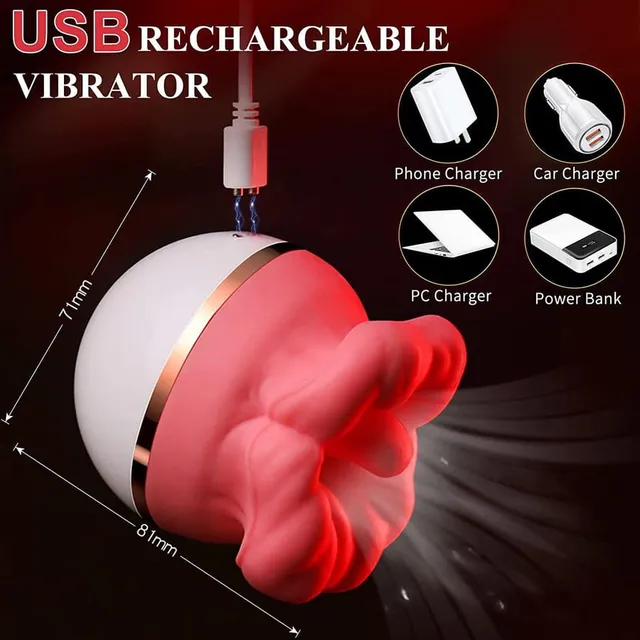 Suction Licking Vibrator supplier charging and size diagram with 71 mm and 81 mm labels and a separate USB lead