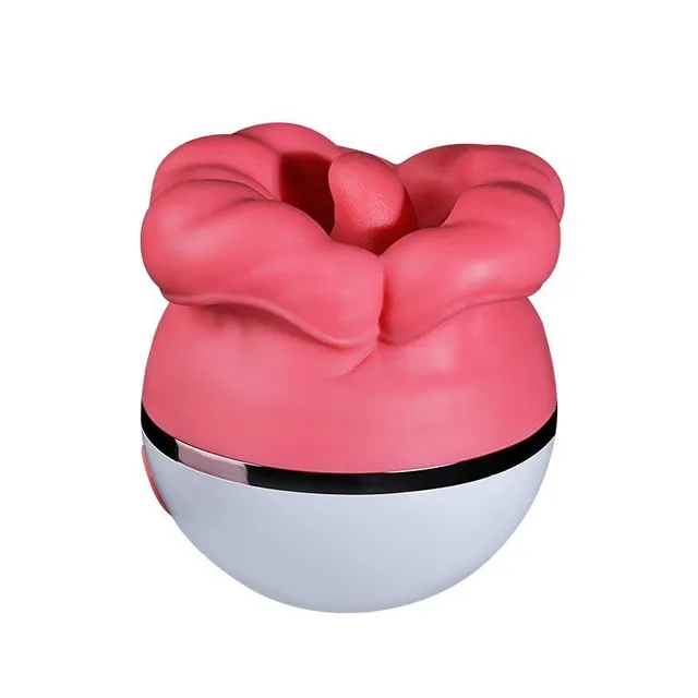 Red rose-shaped suction licking vibrator with a central tongue-shaped tip, rounded white base and metallic trim