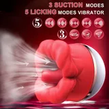 Supplier mode chart for the red rose-shaped vibrator, labelled 3 suction modes and 5 licking modes with pattern icons
