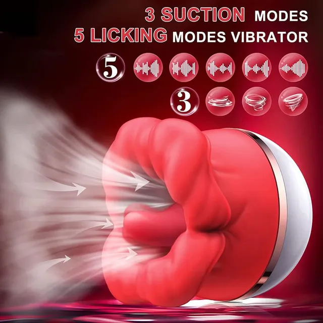 Supplier chart for the red rose-shaped vibrator labelled 3 suction modes and 5 licking modes, with pattern icons