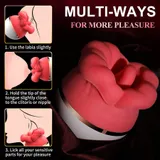 Supplier usage illustration of the red rose-shaped vibrator with three inset diagrams of external contact positions