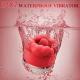 Supplier water-exposure illustration of the red rose-shaped vibrator beneath an IPX7 waterproof label