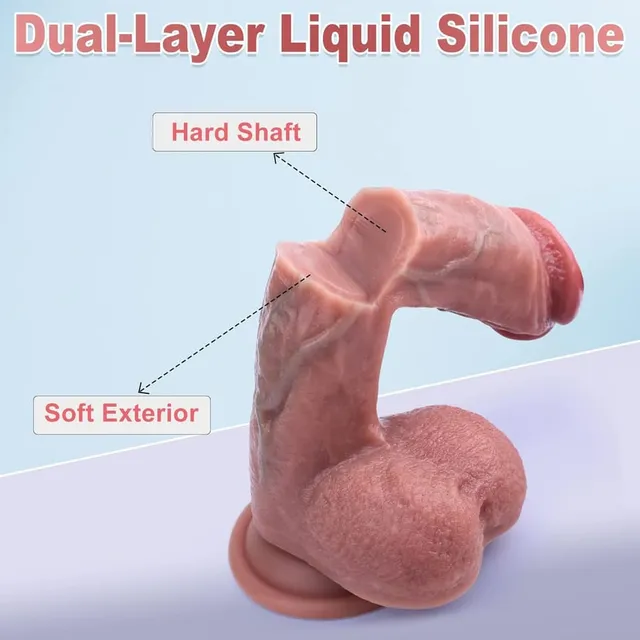 Supplier dual-layer construction illustration for the 3 In 1 Realistic Dildo Vibrator with hard shaft and soft exterior labels