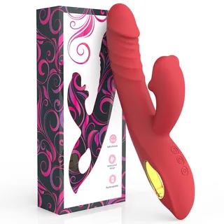 Red 3-in-1 Red Lips Thrusting Vibrator shown in full beside its supplier retail box on a white background