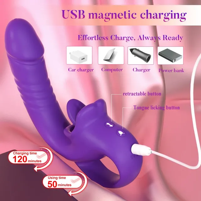 Tongue-Licking Thrusting Vibrator supplier charging diagram showing a magnetic lead, USB power-source icons and listed charging and use times