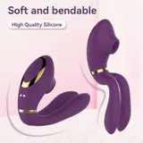 Supplier illustration of the purple vibrator in two curved positions beneath Soft and bendable and High Quality Silicone labels
