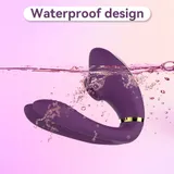Supplier illustration of the purple vibrator partly below a waterline beneath a Waterproof design label