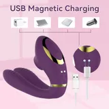 Supplier USB magnetic charging diagram showing the purple vibrator, two charging contacts, a cable and power-source icons
