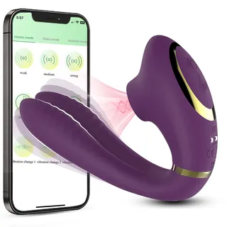 Supplier illustration of the purple App Controlled Sucking Vibrator with gold-tone trim beside a phone control screen