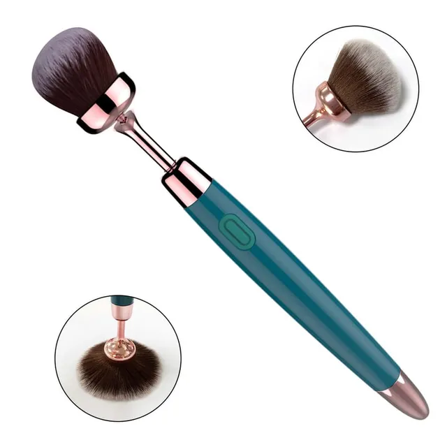 Teal Cosmetic Pen makeup brush vibrator with rose-gold accents, an oval handle button and two brush-head close-ups