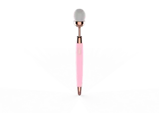 Pink Cosmetic Pen makeup brush vibrator standing upright, showing the brush head, rose-gold accents and oval button