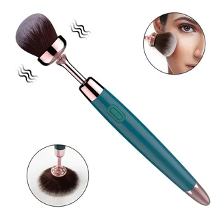 Teal Cosmetic Pen makeup brush vibrator with vibration symbols and insets of the brush head and makeup application