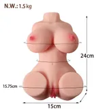 Supplier size diagram of the Dual Channel Torso Masturbator labelled 24cm, 15.75cm, 15cm and N.W.:1.5kg