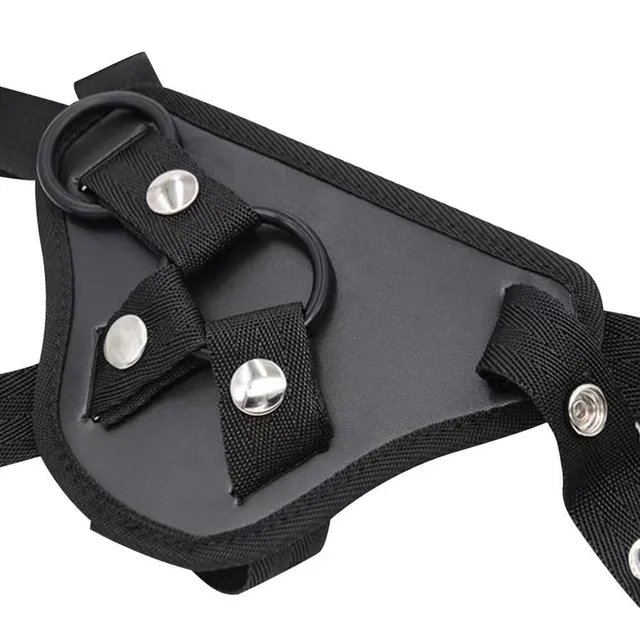 Close-up of the Strap-On Harness with Rings showing the front opening, woven straps and open press-stud fastener
