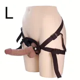 Supplier side view of the harness on a mannequin marked L, with a separate dildo used to illustrate attachment