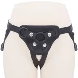 Black Strap-On Harness with Rings on a mannequin, showing the front panel, straps, rings and silver-tone fasteners