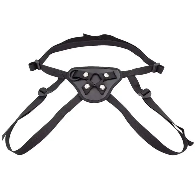 Black Strap-On Harness with Rings laid flat on white, showing its waist strap, leg straps and front panel
