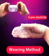 Supplier sleeve demonstration stretched between hands and placed over a hand, labelled Super elasticity and Wearing Method