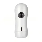 Reference image of a white cup-style masturbator with a contoured waist, rounded cover and black front panels