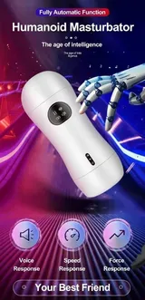 Supplier promotional view of the white Deep Throat electric masturbator labelled Fully Automatic Function, Voice Response, Speed Response and Force Response