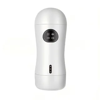 White Deep Throat electric masturbator with a contoured waist, rounded cover, black four-icon panel and separate lower control strip