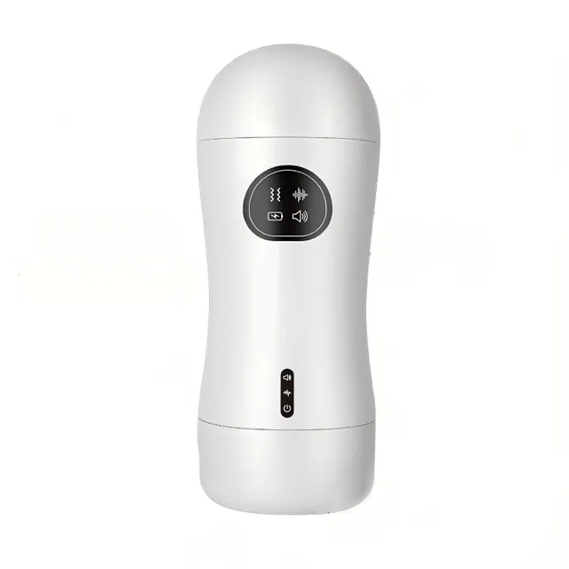 White Deep Throat electric masturbator with a contoured waist, rounded cover, black four-icon panel and separate lower control strip