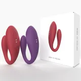 Red and Purple Whale tide vibrator colour options beside a white retail box labelled BORN TO FEELING