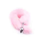 Pink faux fur tail curled around a silver-coloured plug with a narrow neck and round base on a white background