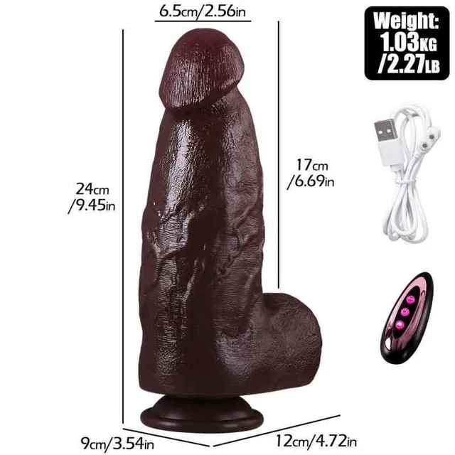 Realistic Thrusting Vibrating Dildo supplier diagram marking 24 cm total length, 17 cm insertable length, 6.5 cm head width and separate base measurements