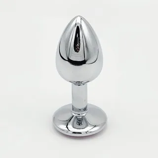 YB26 anal plug standing upright on white, showing a reflective silver-coloured surface, tapered body, narrow neck and round base