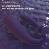 Supplier water-exposure illustration of the purple Whale tide vibrator labelled Life waterproofing, without a stated immersion rating