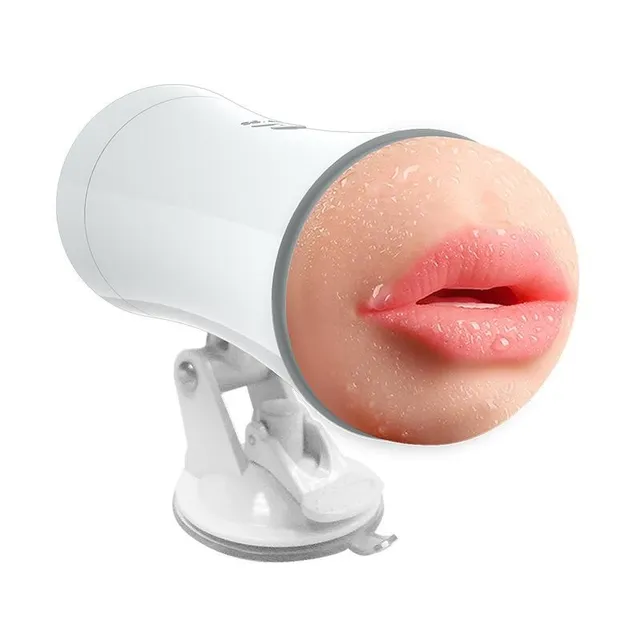 White Xiaoqiao Cup male masturbator shown horizontally on a suction-style support, with a mouth-shaped opening; support inclusion is unconfirmed