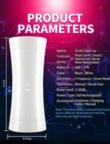 English supplier parameter chart for the white Xiaoqiao Cup showing 20cm external height, 8.5cm width, ABS+TPR material, USB charging and supplier-listed vibration modes